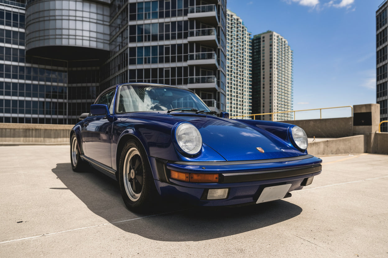 blue vintage type car on a parking garage rooftop in a city. 